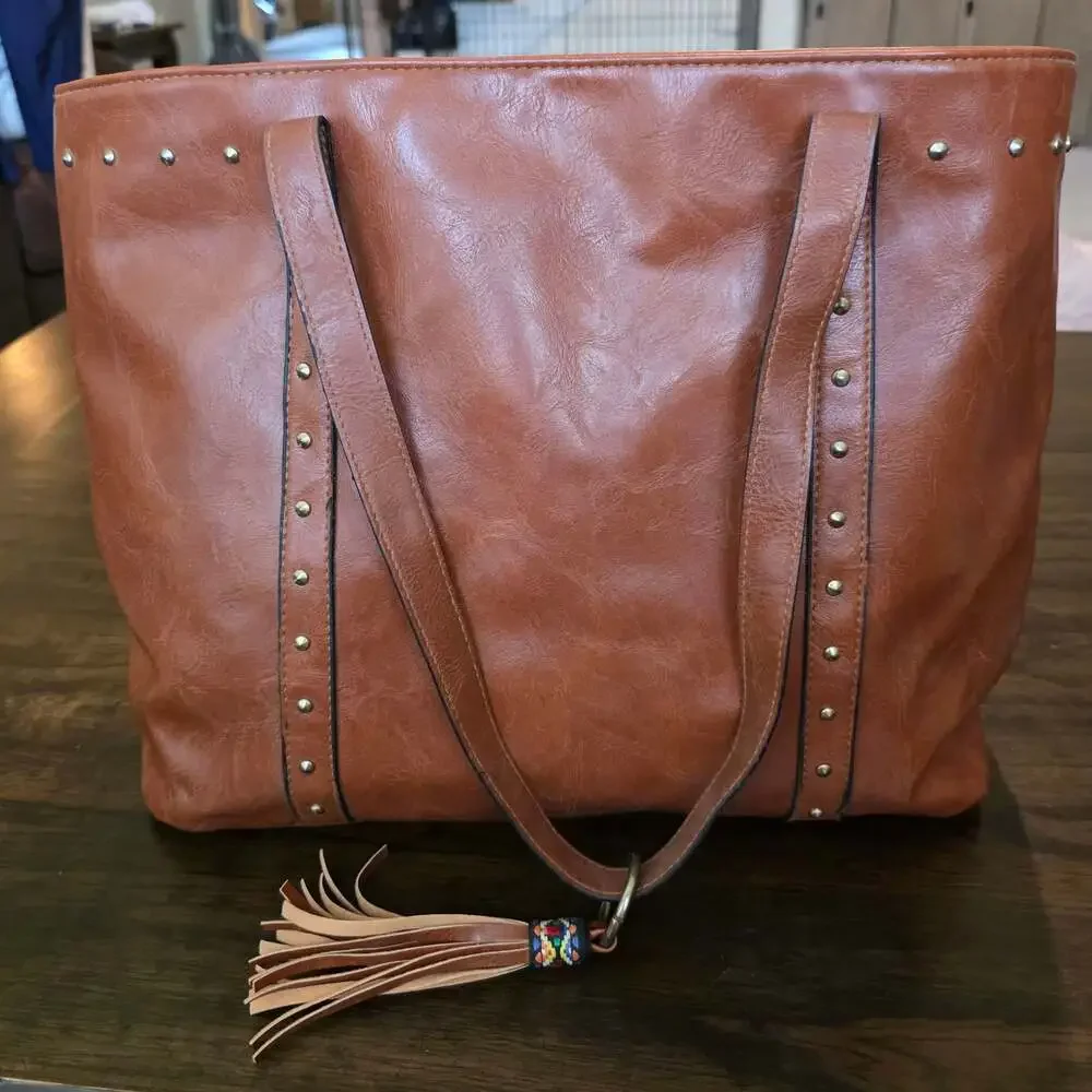 Faux Leather Studded Tote Bag with Tassel